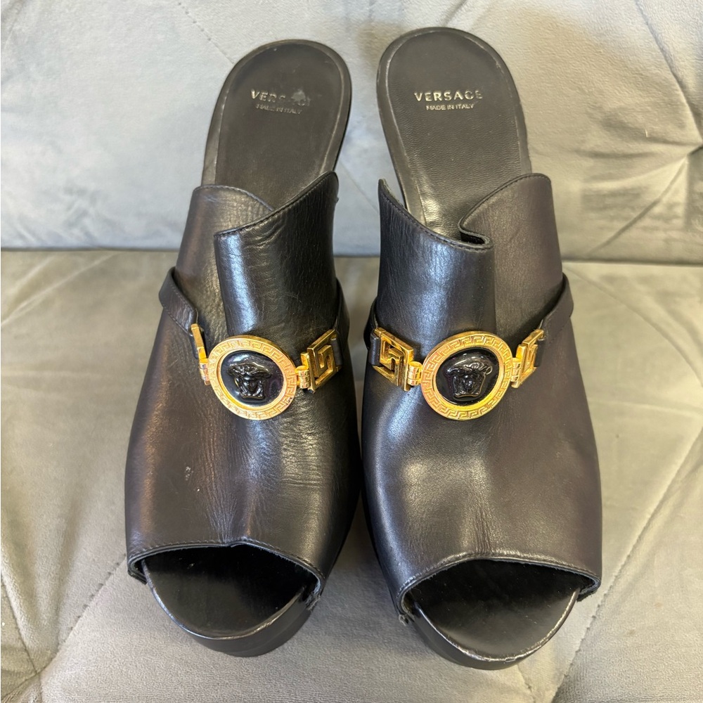 Versace Black Leather Mules with Gold Medallion